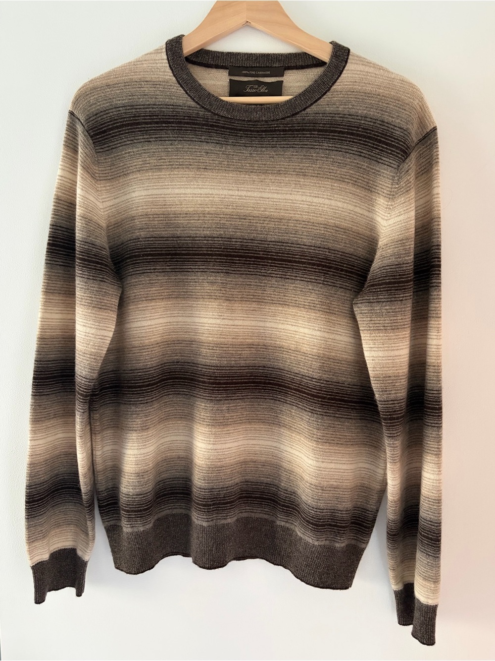 Tasso Elba Men's 100% Cashmere Sz S Brown + Cream Stripe Crewneck Sweater
